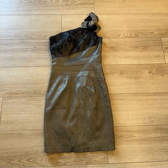 Jessica McClintock Vintage Lace Tan Metallic One Shoulder Cocktail Dress Size 4 - Picture 1 of 4